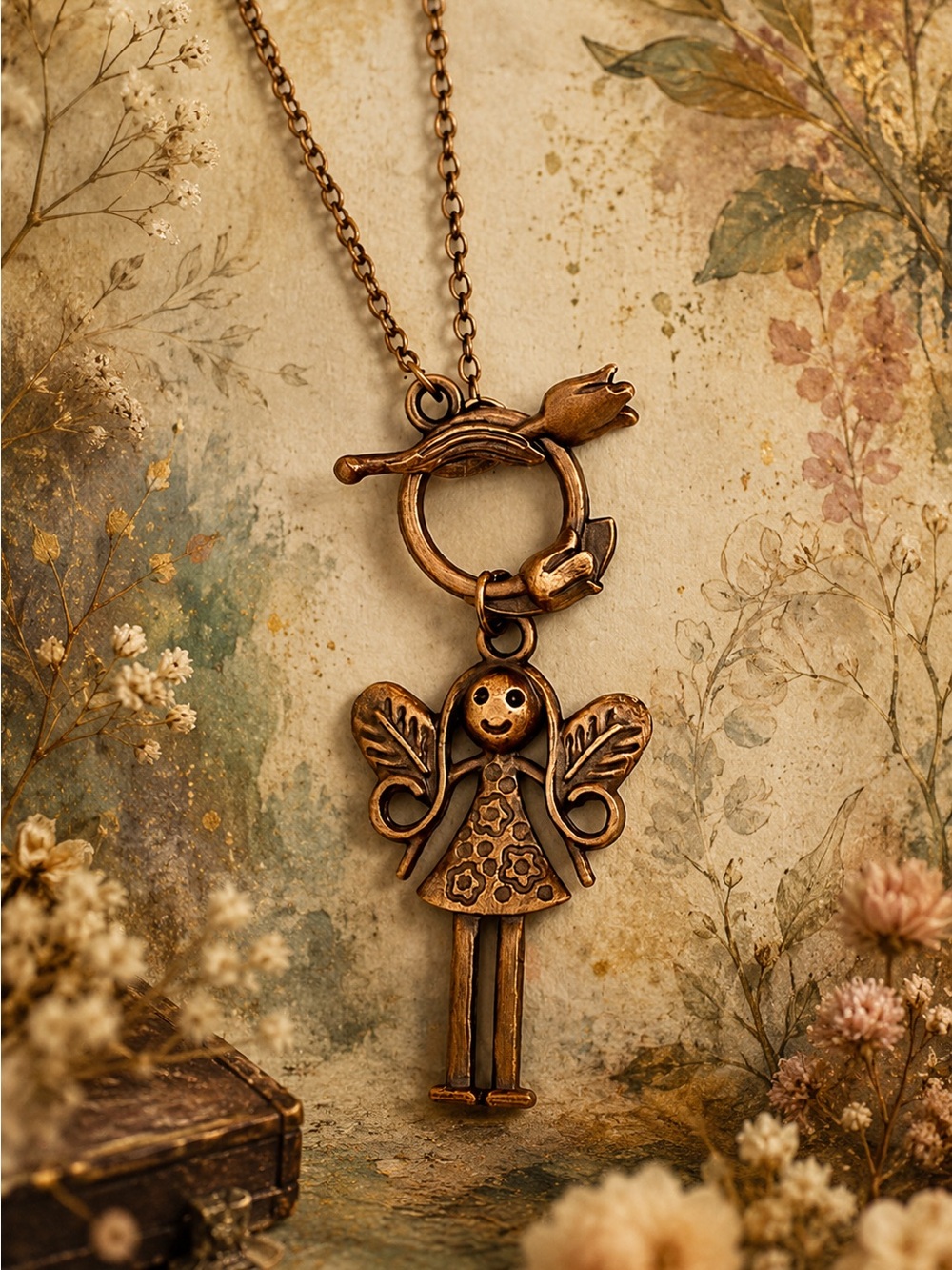 Bronze Angel Pendant Necklace - Fairy Pendant . Whimsical Vintage Style